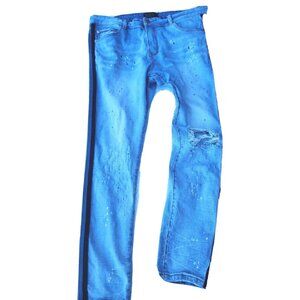 THRT Track Stripe Ripped Distressed Blue GLAM Rock Men's Sz 40x30"  Jeans